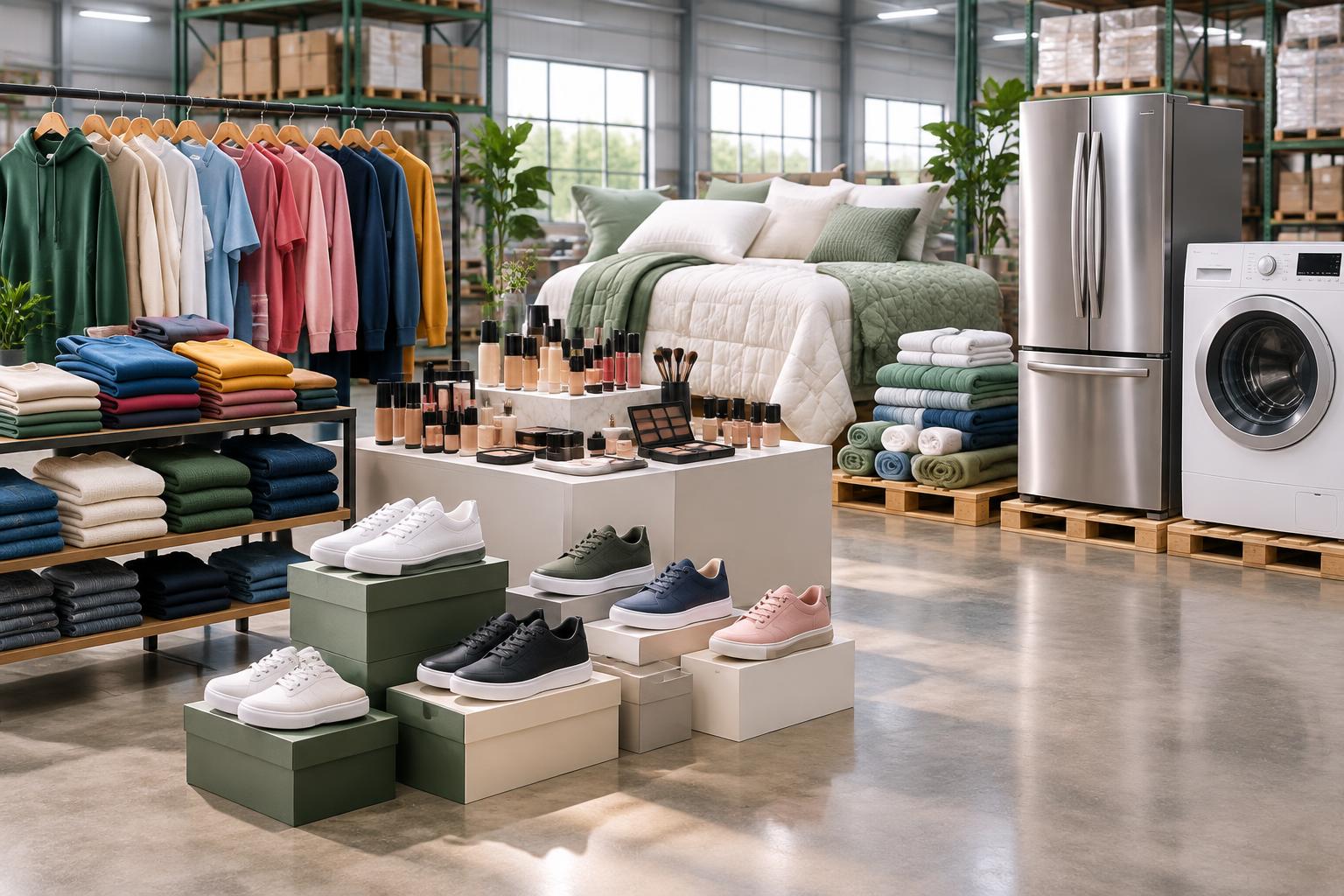 Illustrative wholesale merchandise: appliances, apparel, tools, bedding, and electronics arranged on pallets