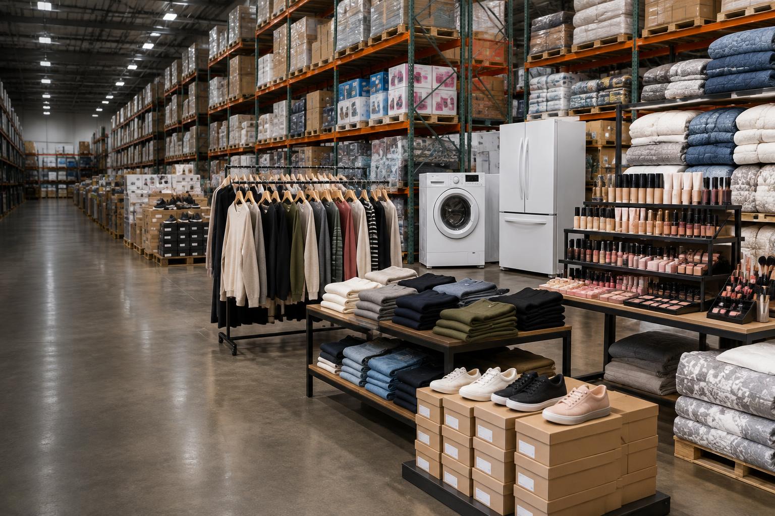 Illustrative wholesale warehouse with closeout merchandise and pallets
